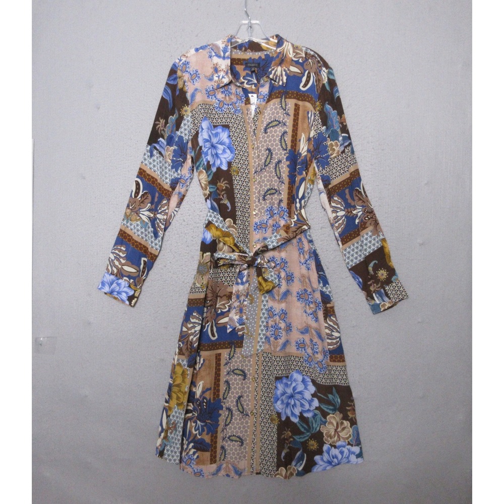 Talbots Shirt Dress 10 Floral Geo Patchwork Belted Midi Boho Fall Eclectic NWT